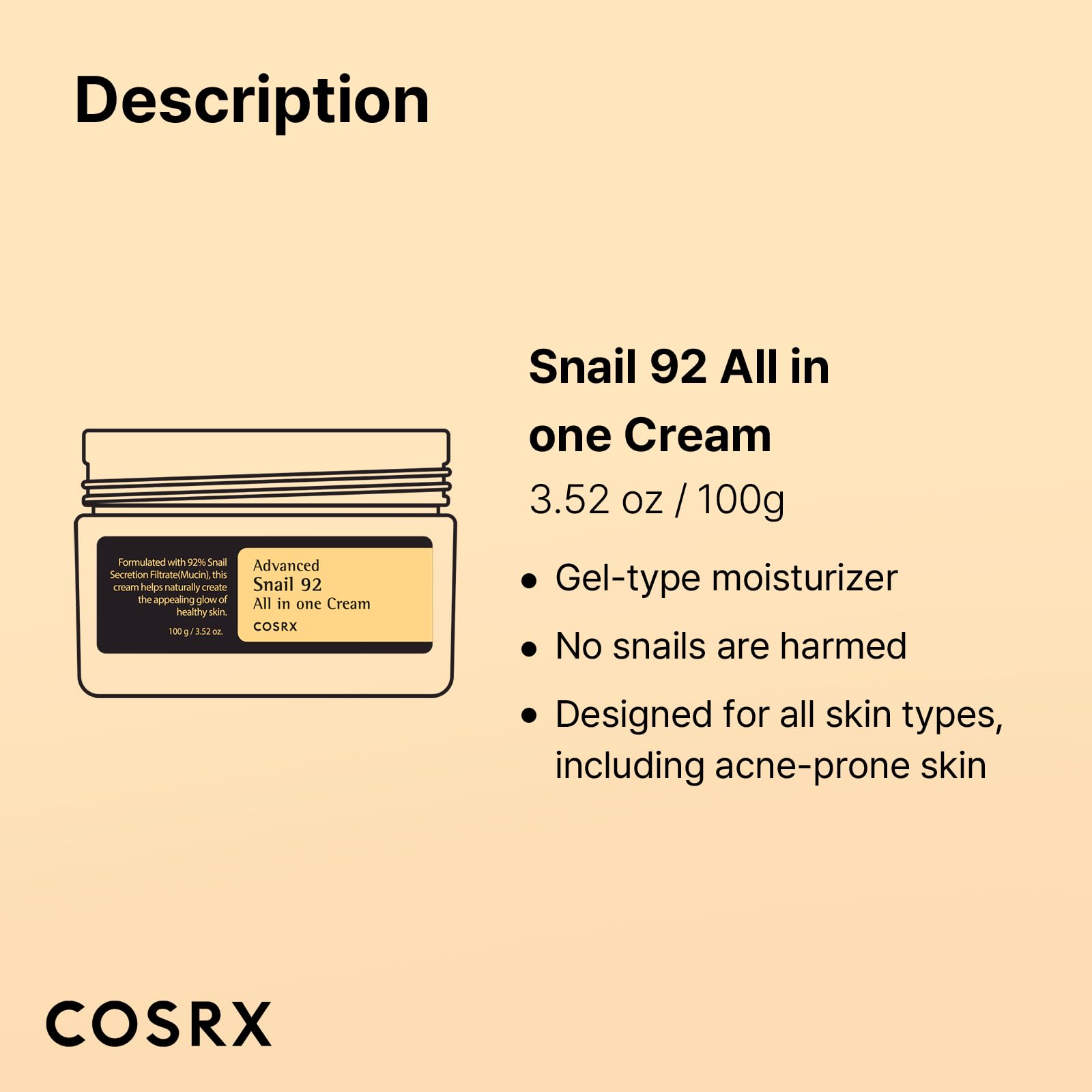 COSRX Snail Mucin 92% Moisturizer 3.52oz/ 100g