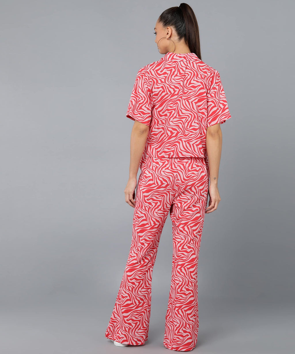 Fashfun Women's Co-ord Set (Red Animal Printed Crepe Crop Shirt & Elasticated Waist Pant Set)