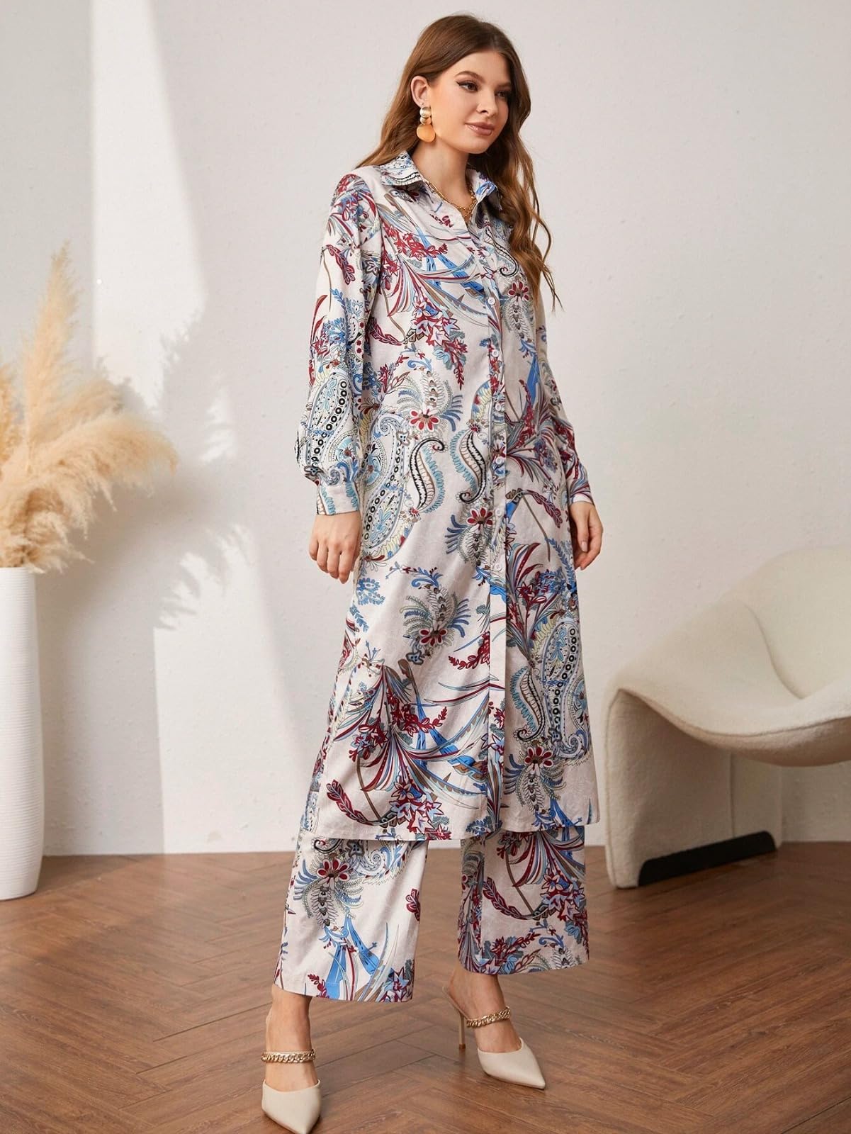Women's Ethnic Co Ord Set || Paisley Printed Co-Ord Set for Women || Long Straight Shirt Kurta with Pant Set for Women
