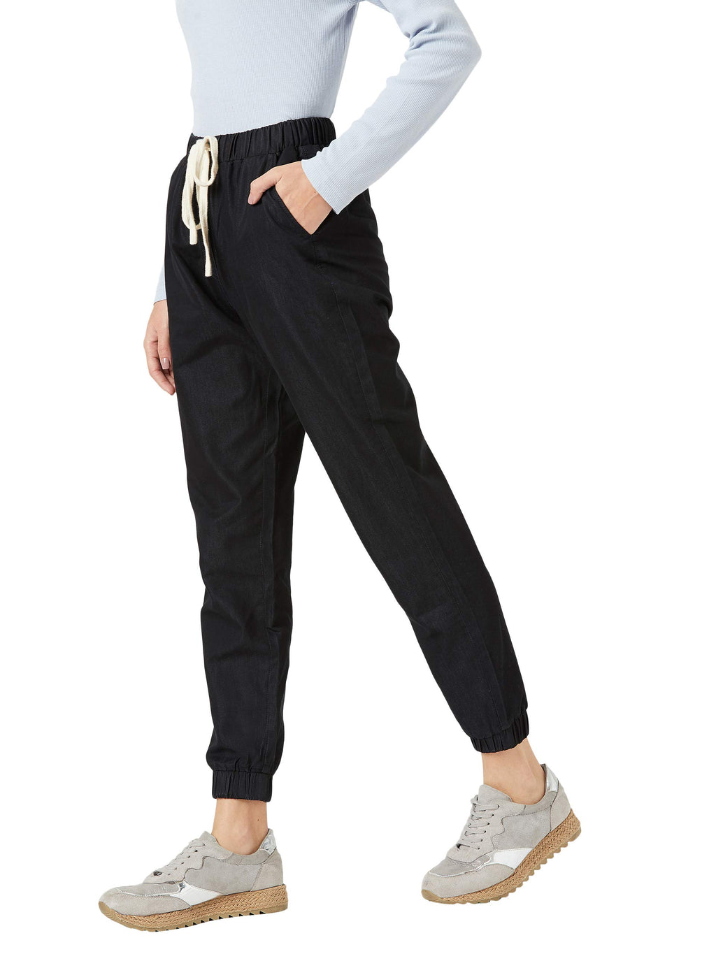 Women's Black Regular Length Mid Rise Clean Look Regular Fit Denim Joggers