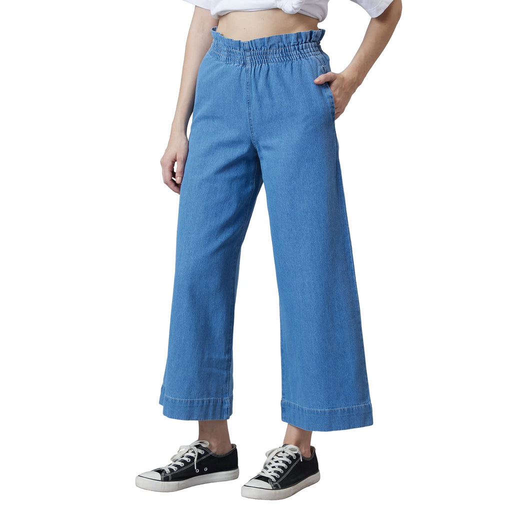 High Rise Elasticated Waistband Wide Leg Jeans