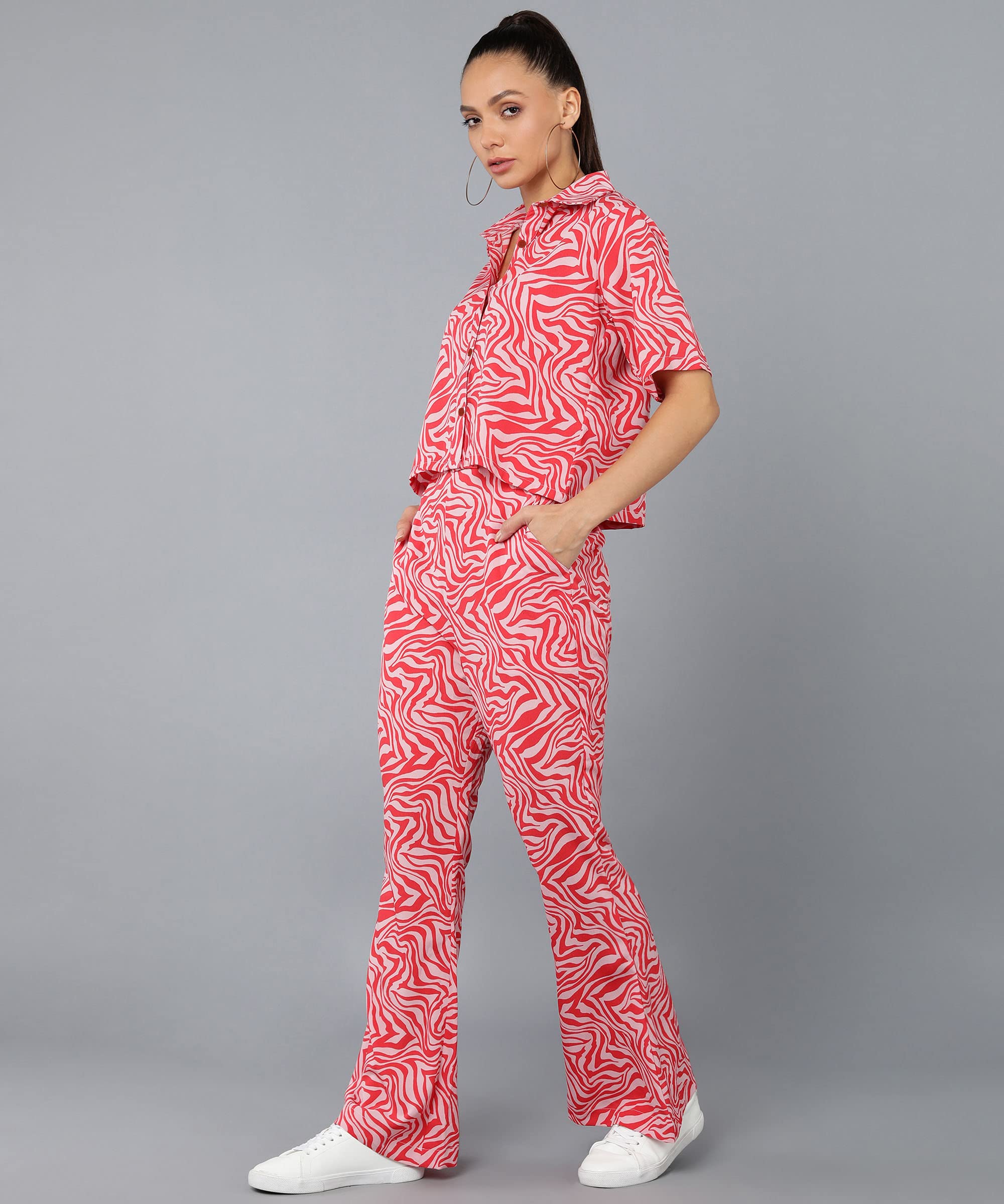 Fashfun Women's Co-ord Set (Red Animal Printed Crepe Crop Shirt & Elasticated Waist Pant Set)