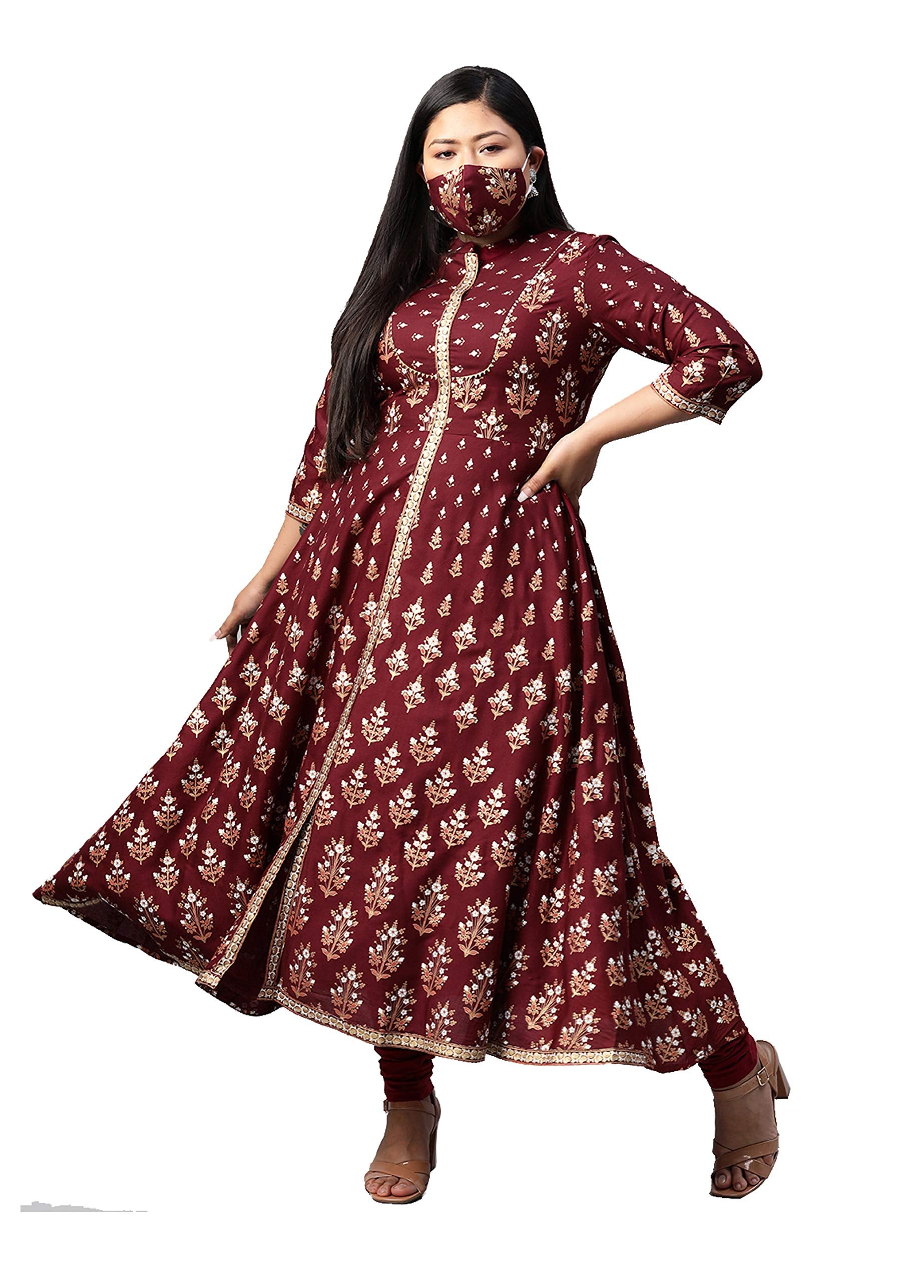 Evas Women's Plus Size Plus Size Rayon Floral Printed Anarkali Kurta