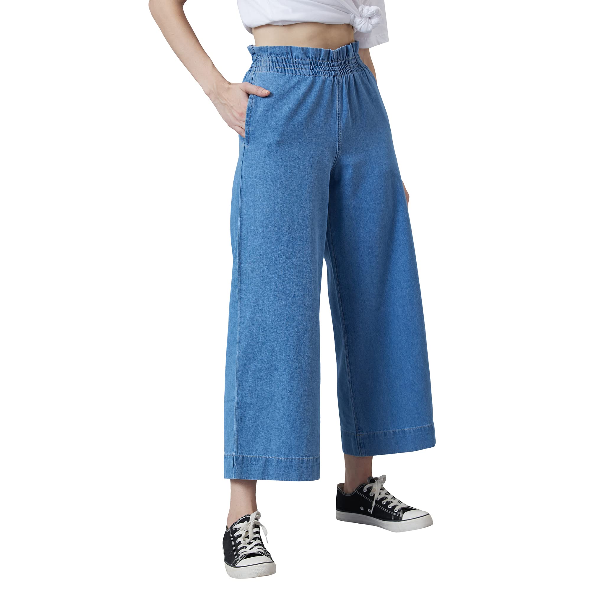 High Rise Elasticated Waistband Wide Leg Jeans