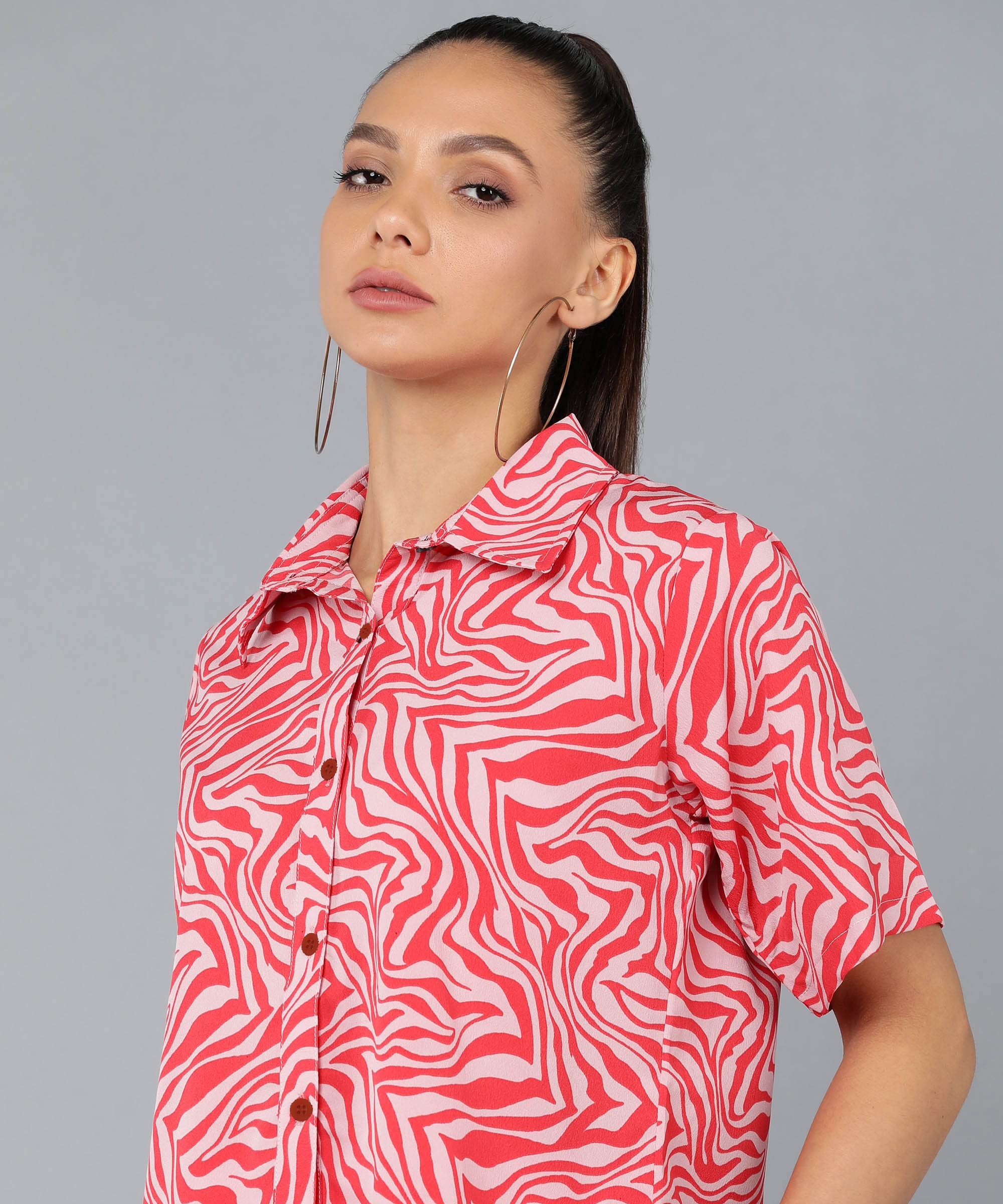 Fashfun Women's Co-ord Set (Red Animal Printed Crepe Crop Shirt & Elasticated Waist Pant Set)