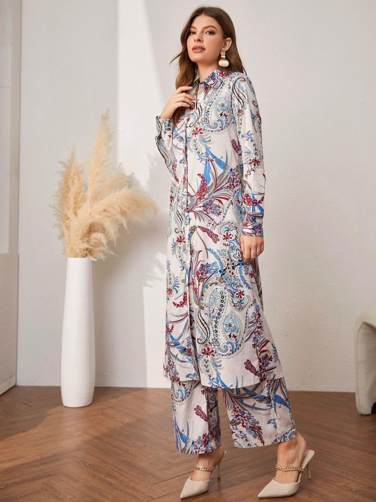 Women's Ethnic Co Ord Set || Paisley Printed Co-Ord Set for Women || Long Straight Shirt Kurta with Pant Set for Women