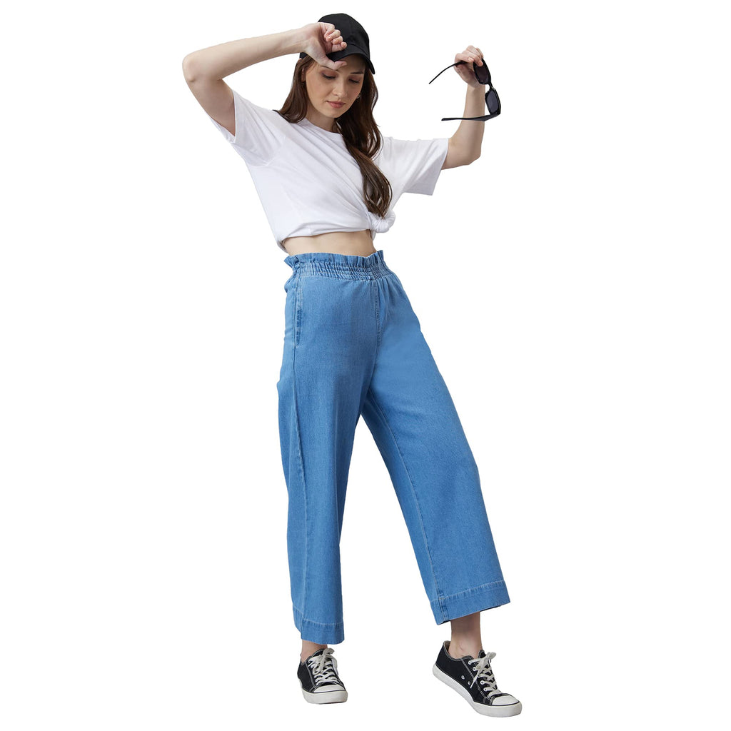 High Rise Elasticated Waistband Wide Leg Jeans