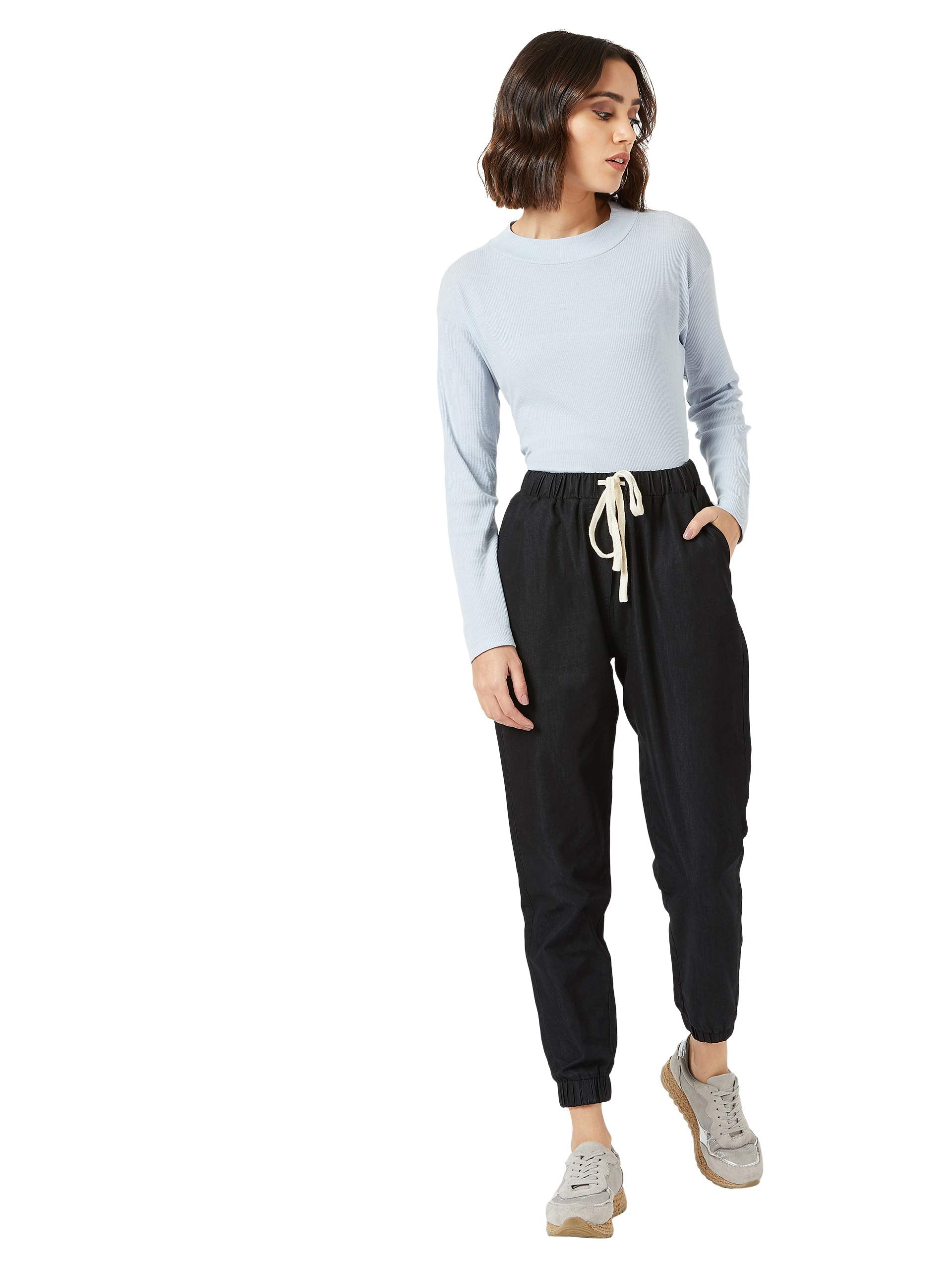 Women's Black Regular Length Mid Rise Clean Look Regular Fit Denim Joggers