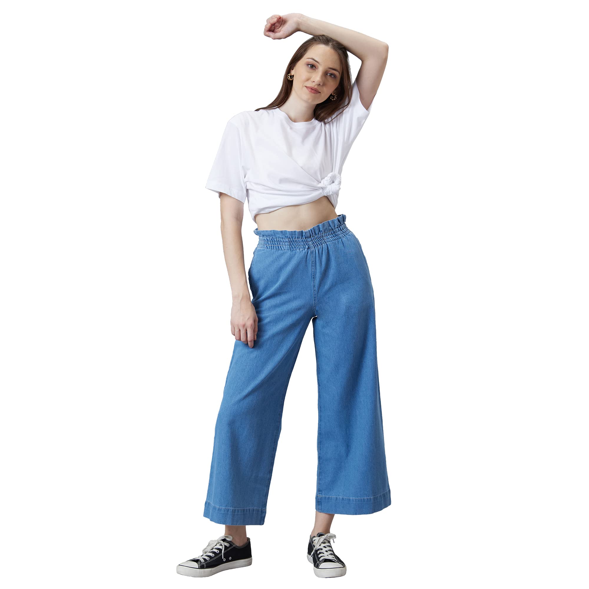 High Rise Elasticated Waistband Wide Leg Jeans