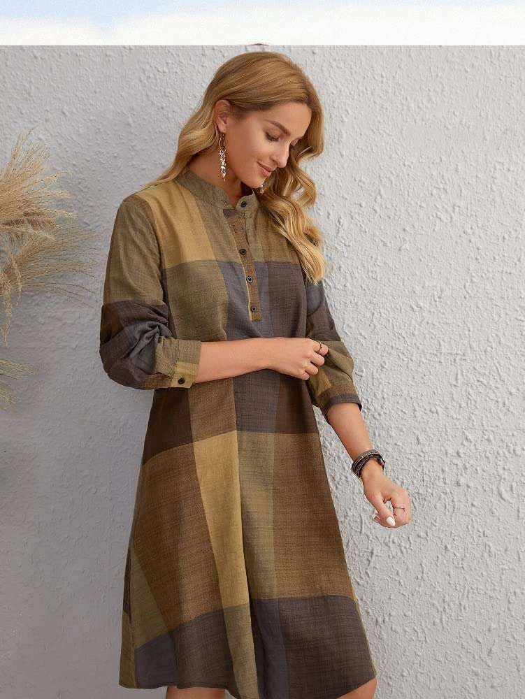 Eva's Fashion Western Dress || Rayon Color Block Half Button Front Dress for Women || Long Cuff Sleeve & Stand Collared Neck Tunic Dress || Office || Summer Dresses for Women.