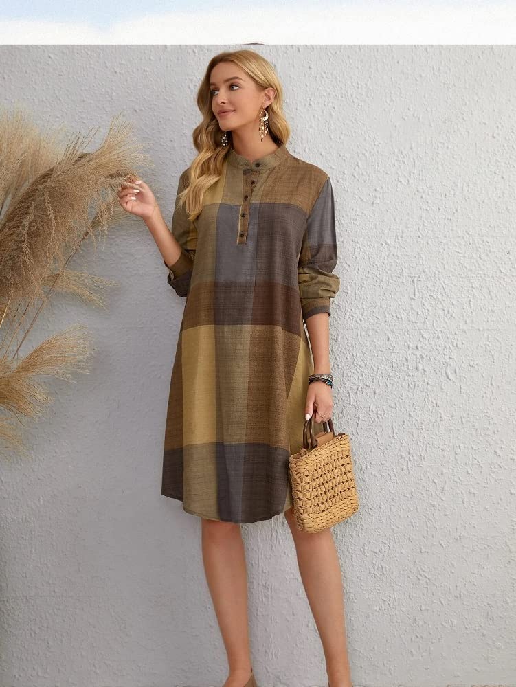 Eva's Fashion Western Dress || Rayon Color Block Half Button Front Dress for Women || Long Cuff Sleeve & Stand Collared Neck Tunic Dress || Office || Summer Dresses for Women.