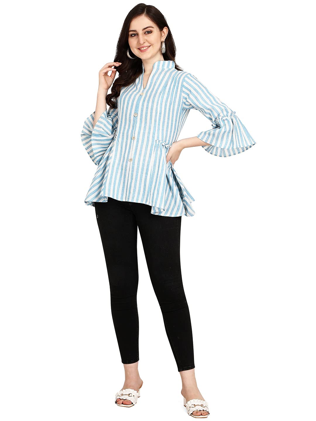 Eva's Fashion Women's Rayon Sparkle Lining Tops Shimmer Glitter Loose Collor Long Butterfly Sleeve Party Tunic Dressy Tops