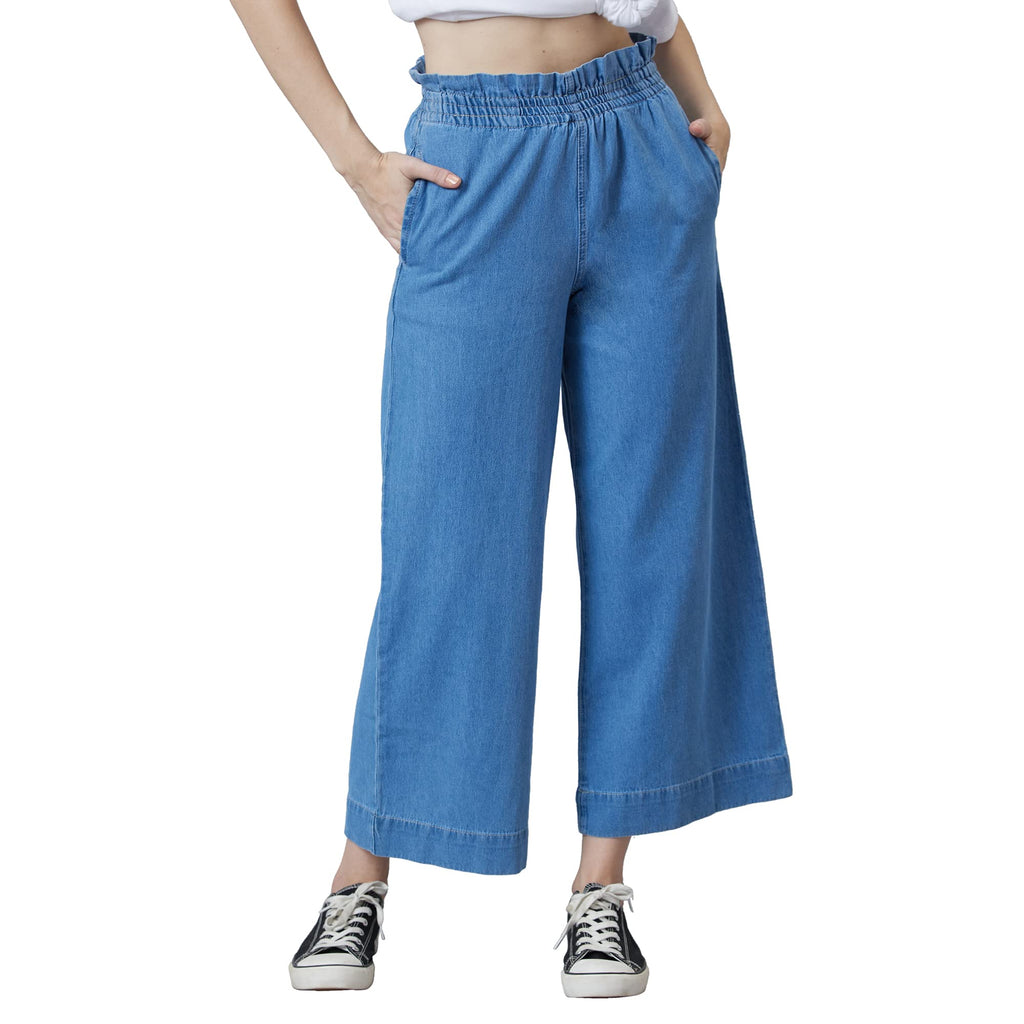 High Rise Elasticated Waistband Wide Leg Jeans