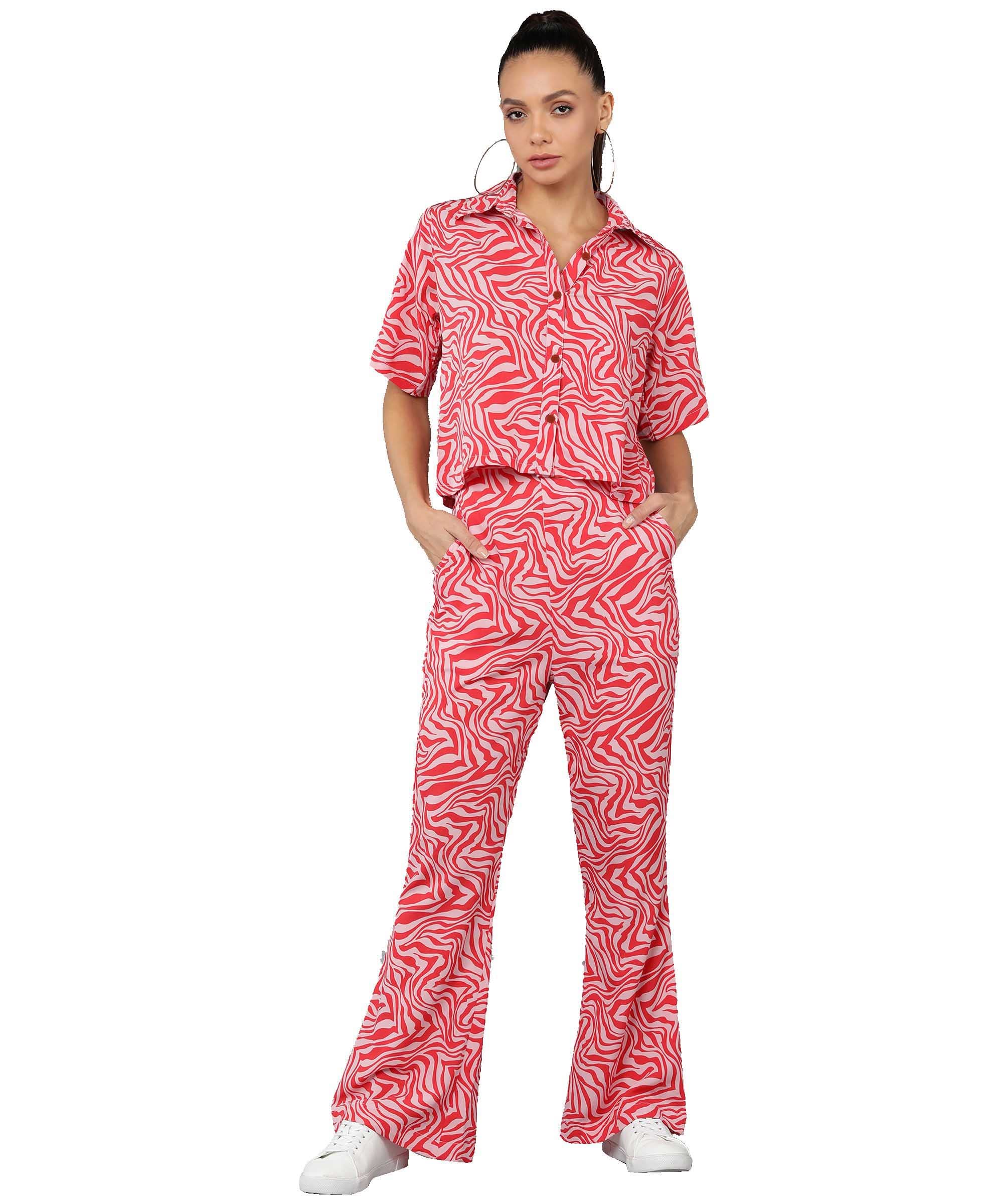 Fashfun Women's Co-ord Set (Red Animal Printed Crepe Crop Shirt & Elasticated Waist Pant Set)