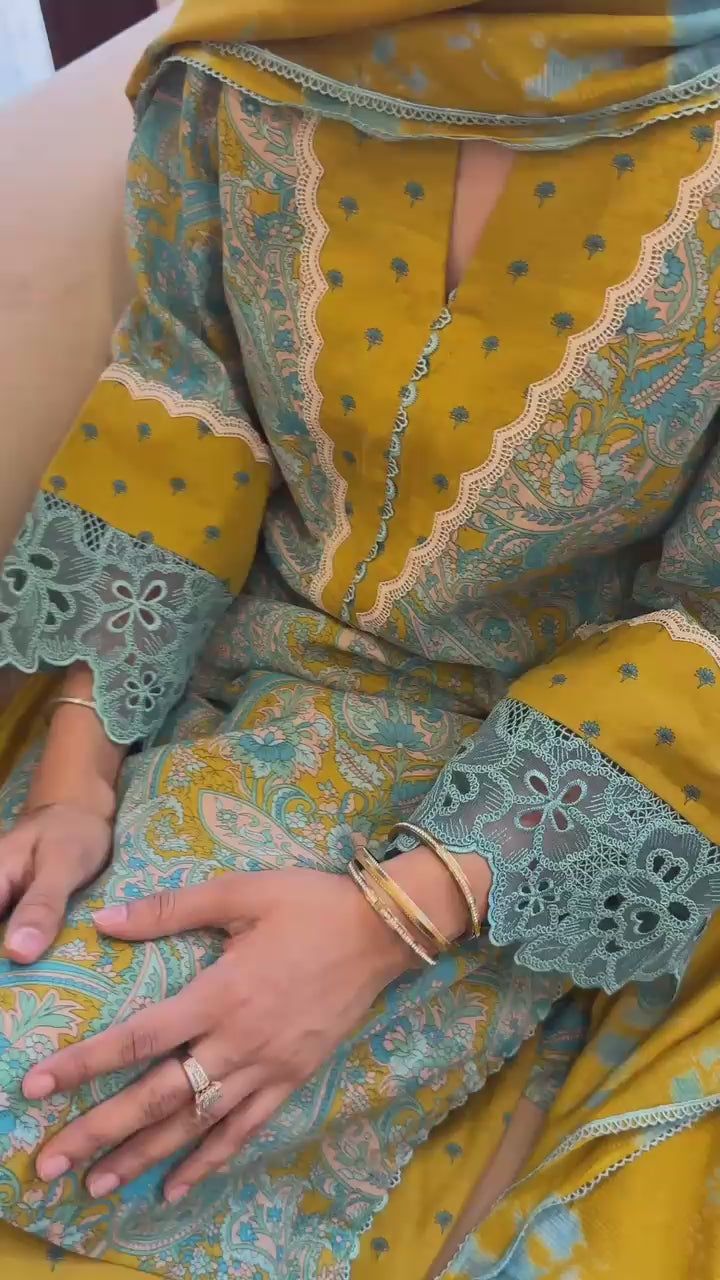 Printed Cambric Cotton Embroidered Suit with Farshi Palazzo & Chiffon Dupatta