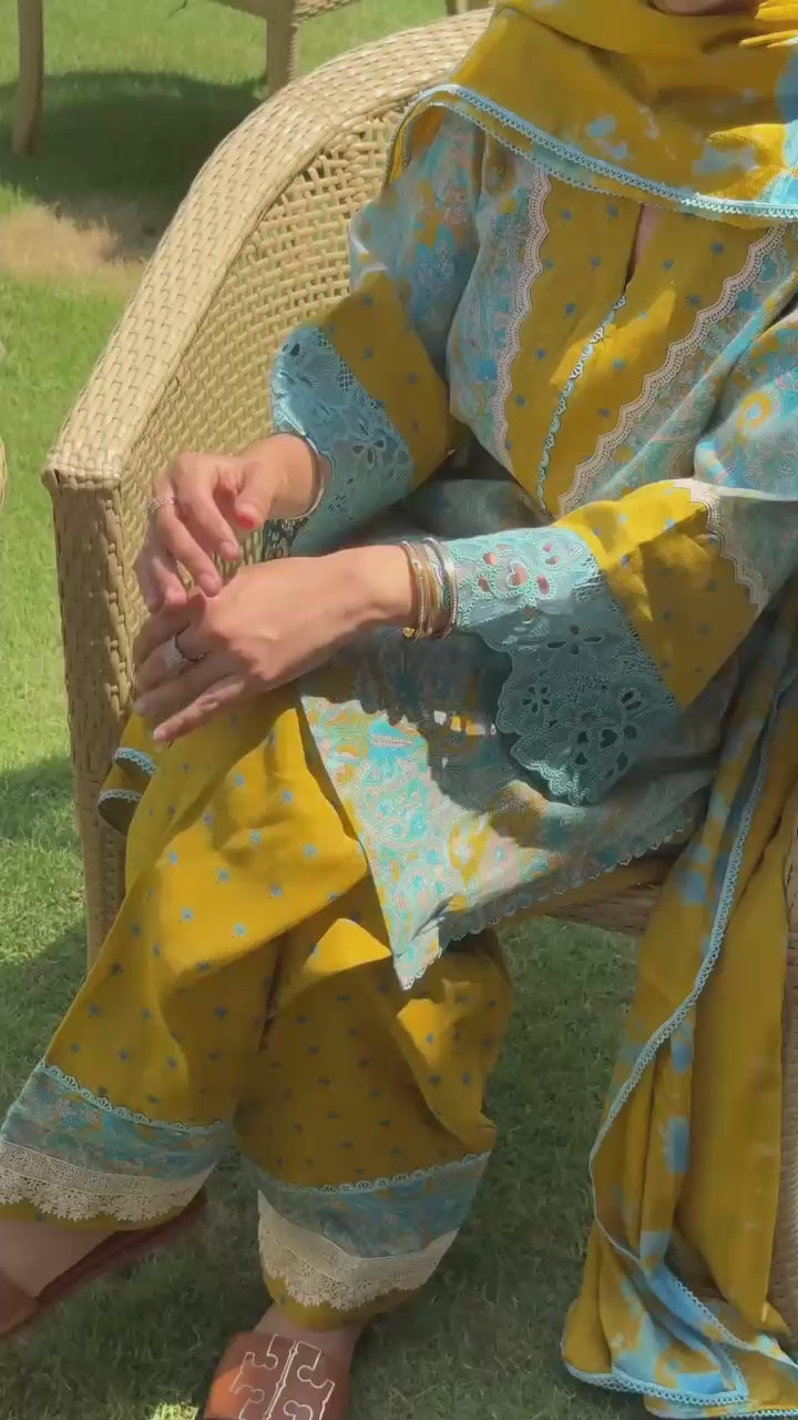 Printed Cambric Cotton Embroidered Suit with Farshi Palazzo & Chiffon Dupatta